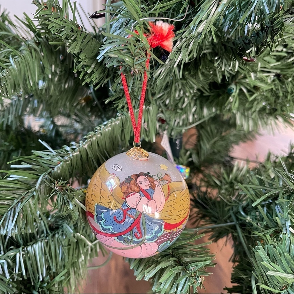 Vintage Hudson’s Glass Globe Paint Inside Ornament Angel Playing Horn Christmas